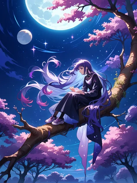 score_9, score_8_above, score_7_above, source_anime,
Surreal, 
1 ,Kpop Idol,  very long hair,  floating hair , shiny hair , 
 night scene,moon in the sky,shades of purple, starry night, dreamlike atmosphere ,shiny edges,mystic,  smaller,ethereal light, SIT...