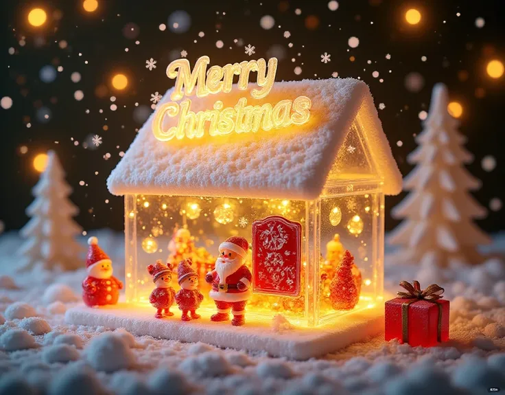 with "Merry Christmas",top view,surreal scene,Christmas,3D cartoon style,digital illustration of a rural,Christmas store,clear glass. Above it says:a huge logo surrounded by Snow. The sky is gold with snowflakes floating above the store,there is a cute San...