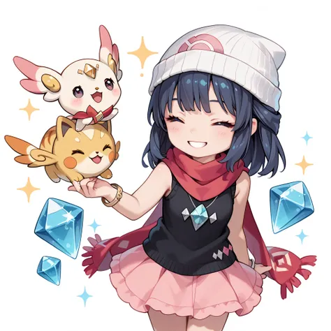 1girl, dawn, pokemon diamond, chibi, chibi proportions, cute chibi, short bangs, eyes closed, hand up, happy smile, black sweater dress, sleeveless, pink skirt, red scarf, white beanie, profile view, white background, no background, full body, masterpiece ...