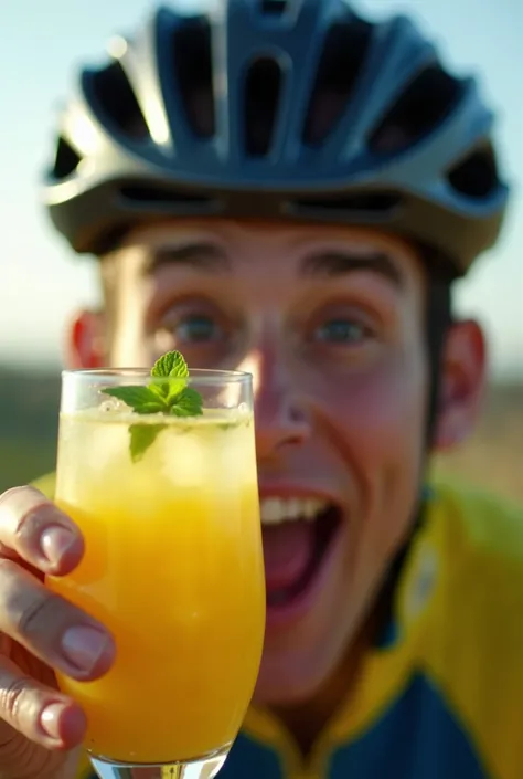 1.  Take a picture of a cyclist with a glass of pineapple juice with mint
2.  The close up of the photo must show the face and the glass of juice
3 .  The cyclist must be thrilled 
4 . Format 1920x1080 pixels 