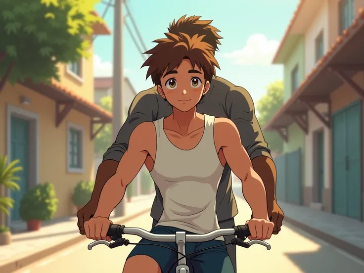 An anime-style illustration in a sunlit street with a calm tmosphere. A 13y boy with messy brown hair, wearing a snug white tank top, sits in his cycle, holding the handles of the cycle.. The boy’s shoulders are hunched and the deltoid muscles are relaxed....