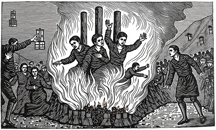 Make a scene where the Salem witches are being burned, use this as a reference, make it realistic. Make it nighttime, have a tense and dark atmosphere.