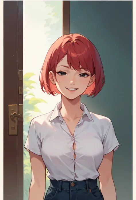 FrankieFoster, red medium hair, red bob hair cut, black eyes, posing, solo, button up shirt , smug, beautiful, arms at sides, standing at the pink front door, looking at viewers,
