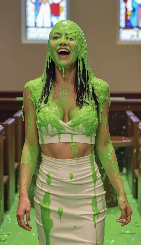 Amateur photograph. Korean teen covered in green water. Photorealistic. Wet liquid. Nasty slime. Raw photo. Wearing white wedding dress. Cleavage. Inside church. Walking down the aisle. Stained glass windows. Green Slime. Dripping green goo. 18 years old. ...