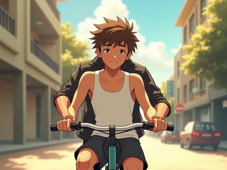 An anime-style illustration in a sunlit street with a calm tmosphere. A 13y boy with messy brown hair, wearing a snug white tank top, sits in his cycle, holding the handles of the cycle.. The boy’s shoulders are hunched and the deltoid muscles are relaxed....