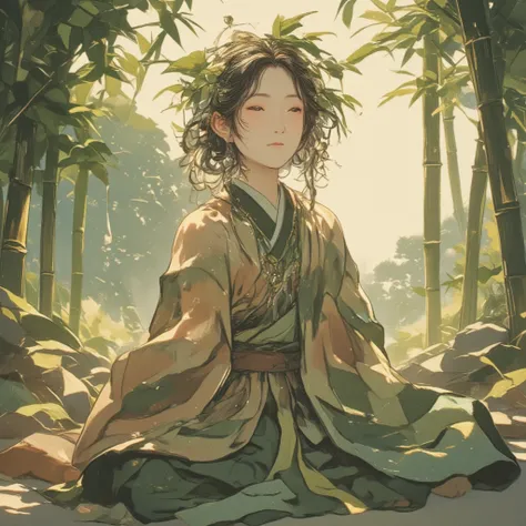 Illustrate a daikon character as a revered spirit dwelling within a tranquil bamboo grove, embodying the quiet wisdom and strength of ancient nature. (The daikon is portrayed with serene features, its eyes soft and full of understanding, wrapped in an eleg...