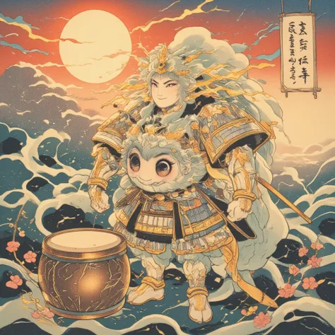 Create an ukiyo-e styled illustration featuring an adorable daikon character embodying a Thunder Deity. (The daikon character should possess a distinctly cute and playful appearance, with its body resembling a classic daikon radish shape but with expressiv...