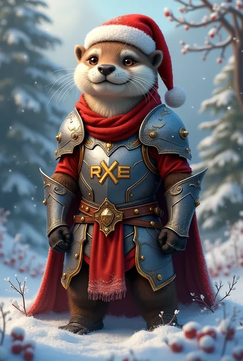 Guerrière loutre en armure,  realistic , smiling, RXE on chest, With Christmas hat  