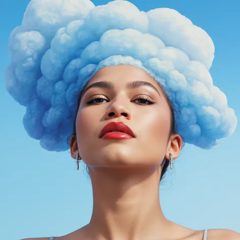 (zendaya:1.3)  "head in the clouds", very close-up, woman’s face, facing the sky, squinted eyes rigged blue perfect red mouth, perfect watercolor features, surreal,  Salvador Dali style, trend on artstation, sharp fire, photo studio, Intricate details, hig...