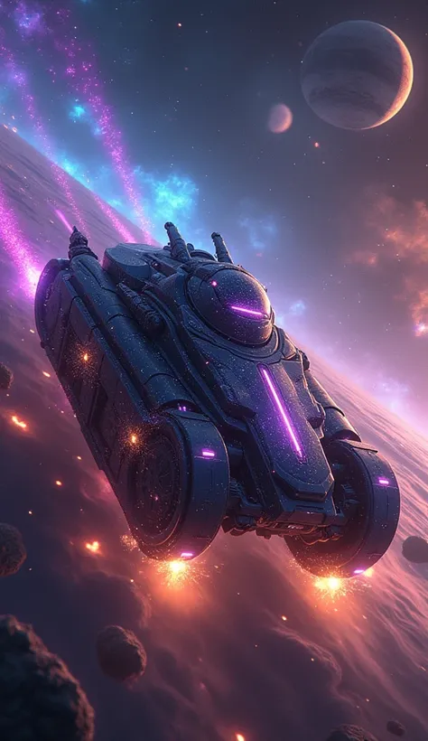 ((high quality)), ((masterpiece)), ((highly detailed)), A cosmic tank with a sleek, obsidian-black body swirling with vibrant nebula hues—purples, blues, and golds—adorned with glowing star patterns. Its cannon radiates pulsating plasma in shifting colors,...