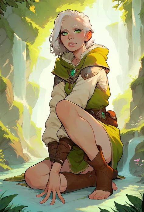 score_9, score_8_up, score_7_up,Cirilla, white hair, green eyes , 1girl, barefoot without boots , lies on a haystack , optimal pose, looks at the viewer,focus , perfect graphics 