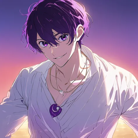  Oshi no ko style ,  20 year old boy,  male ,  smiling,  with dark purple hair with shiny and messy details , pure purple eyes ,  an elegant white shirt open around the neck ,  is at sunset ,  has a half-moon necklace around her neck 