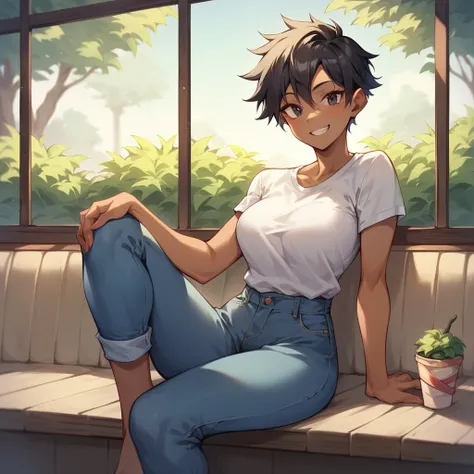 a tomboy with dark skin, black eyes, and black hair. She is smiling seeing you while she sits in a cafe. she has a white tshirt and blue jeans on.