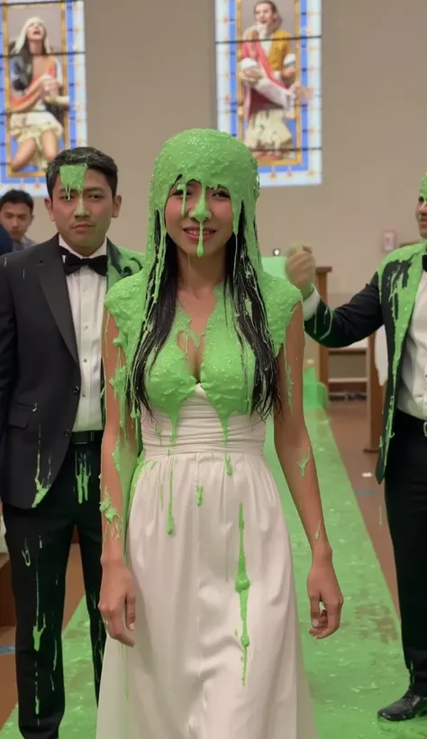 Amateur photograph. Korean teen covered in green water. Photorealistic. Wet liquid. Nasty slime. Raw photo. Wearing white wedding dress. Cleavage. Inside church. Walking down the aisle. Stained glass windows. Green Slime. Dripping green goo. 18 years old. ...