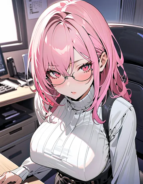 ((masterpiece,High resolution,Highest quality))
(Mature 2,One Light-skinned woman,Very small waist,Big breasts)(erection atmosphere,Seductive eyes)(Pink ponytail hair curled into a curl at the end, Light red eyes,Sharp Eyes)(White turtleneck, pink Highligh...