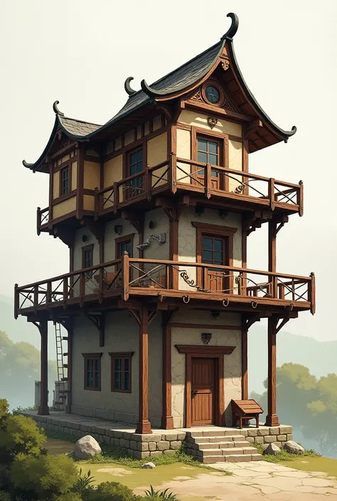 Make me a three-story building raised above the ground made of materials such as wood and metal structure that preserves the traditional and is not so modern