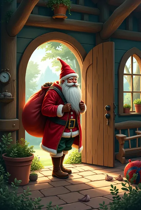 A hunter entered the house of .Little Red Riding Hood&#39;s grandmother, like a drawing from a hunter&#39;s tale, entering through the door like this but in the form of a drawing from a tale, more like a tale, now in color of Santa Claus with long white be...