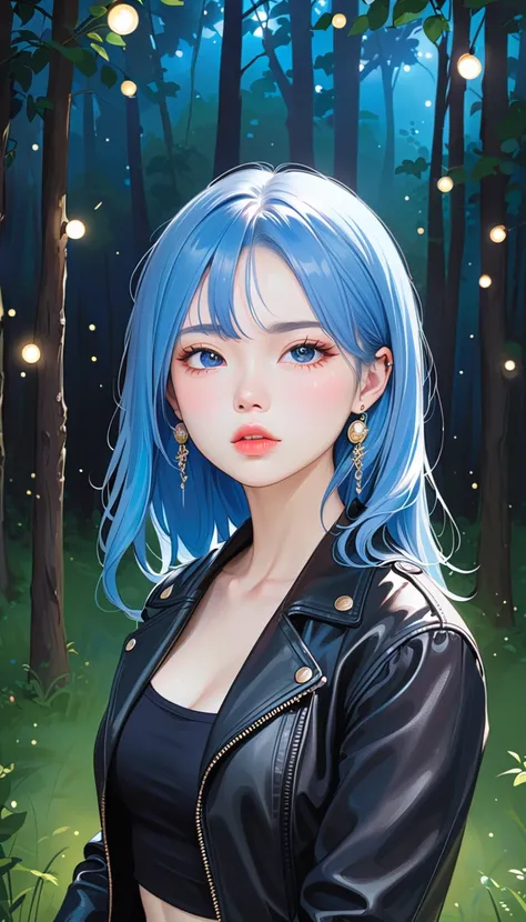  a girl ,  alone, Chest, Viewer,  blue eyes,  simple background ,  (fireflies with bokeh lights in a forest background ay night, beautiful) , Jewelry, medium Chest, Shut up,  blue hair, jacket,  upper body, earrings, Open clothes, abdomen, From the side, o...