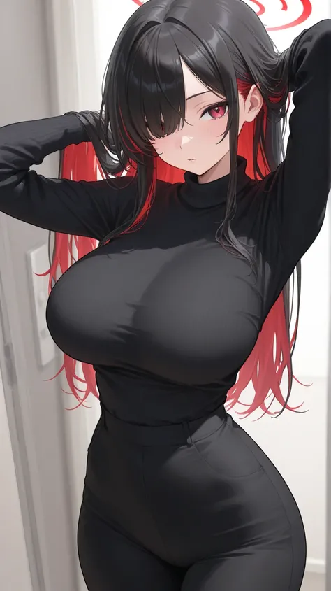 masterpiece,1girl, colored inner hair black hair red hair,, Big Breasts, Hair on one eye、 long hair、ニットベスト