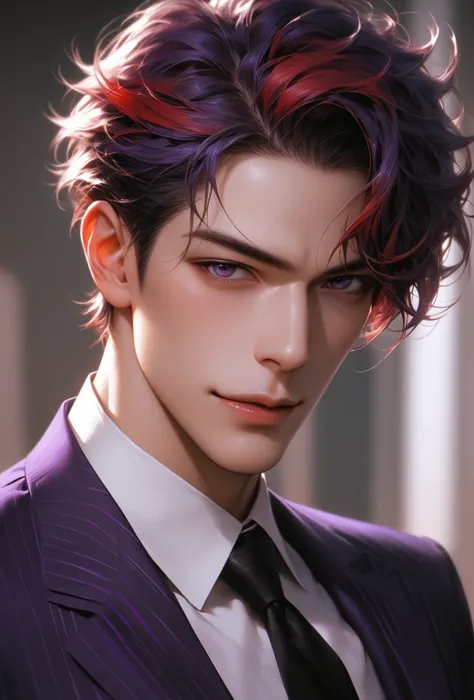 score_9, score_8_up, score_7_up, A hyper realistic ultra detailed photo of hansome man, fancy hair, 20-years old man, handsome face, red hair, dark purple eyes, Purple striped suit, looking at viewer, solitary confinement in a mental hospital, young man, h...