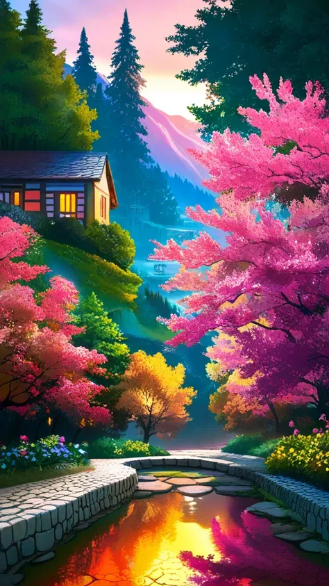 Small village by the river, mountains in the background, colorful pink flowers, detailed landscape, beautiful scenery, atmospheric lighting, scorching sunset, warm colors, practical, photography, detailed foliage, intricate buildings, cobblestone street, c...