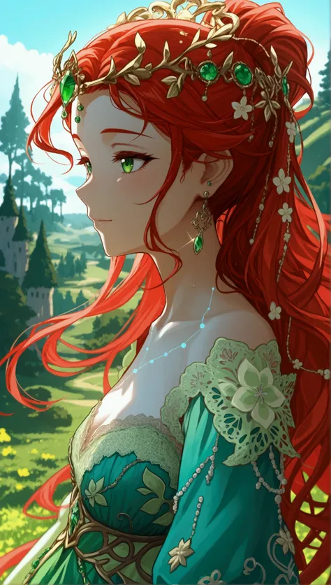 A majestic, young elven maiden with vibrant scarlet red locks styled in a high, elegant ponytail cascading down her back, her striking lime green eyes shining like emeralds in the sunlight. She is draped in a resplendent, intricately designed noble elven g...