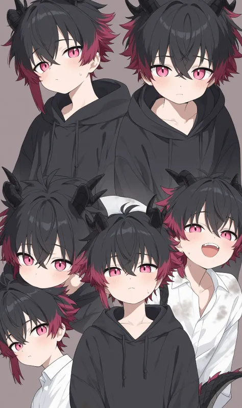 1boy,Pink Eyes,dragon horns on side of head,black hair,white ends of hair,muliticolored hair,cute boy,white shirt,Anime, Anime Style,13year old boy,dirty clothes,dragon tail,dragon scales on shoulder,oversized black hoodie, multiple positions and expressio...