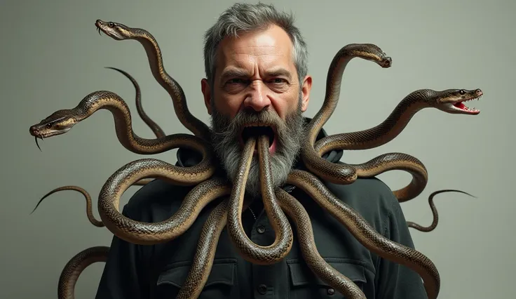 Make a realistic picture of a man with many snakes in his mouth