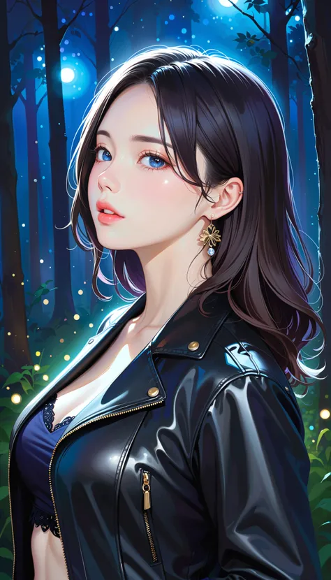 a woman, alone, Chest, Viewer, blue eyes, simple background , (fireflies with bokeh lights in a forest background ay night, beautiful) , Jewelry, medium Chest, Shut up, black hair, jacket, upper body, earrings, From the side, open jacket, Lips, blac...