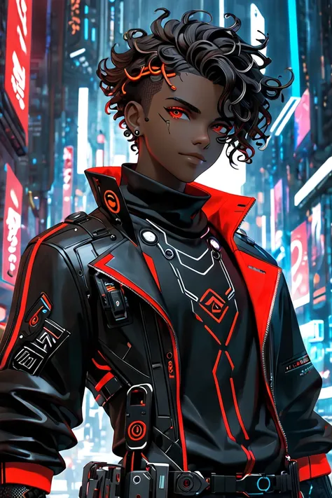 3D-rendered character in the style of Arcane, with a detailed cyberpunk aesthetic. The character is a young male with a slim build, dark brown skin, and striking two-toned curly hair: the left side is completely white, and the right side is completely blac...