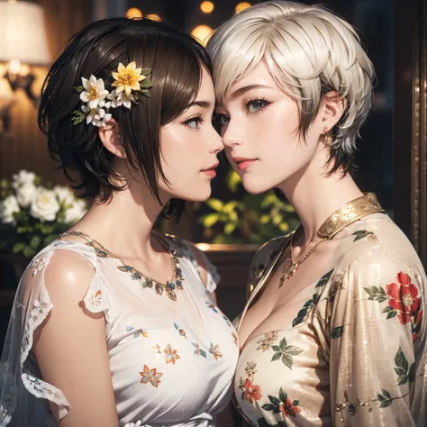 (20-year-old woman,lesbian couple staring at each other,kiss), (  ultra-realistic  ), ( high image quality), (( beautiful hairstyles 46)), (( short hair:1.46)), (  Friendly Smiles ), (Busty:1.1), (lipstick), (Floral), ( LUXURY ROOM ), ( deep depth of field...