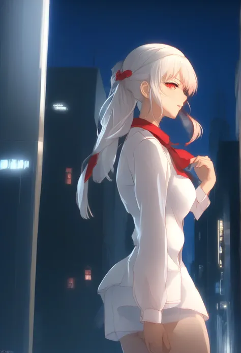 masterpiece, best quality, very aesthetic, 1girl, solo, tohno akiha, tsukihime, white hairband, white shirt, red bow, lips, pout, blush, hand on own hip, looking away, upper body, indoors, backlighting, night, (dark), city