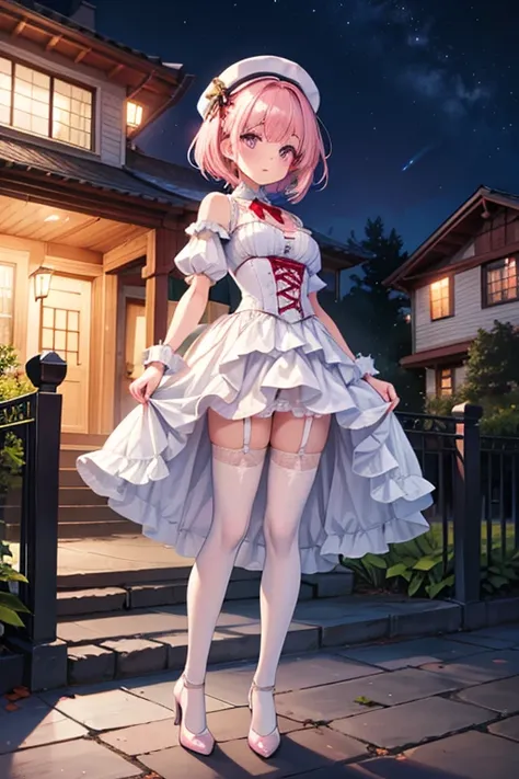 A girl, short pink hair,  violet eyes costume. corset blanco, Open from the front.  white mini skirt ,  semitransparent, white thong, white garter,  high stockings , white, red. White heels.

in front of a house,  at night. 