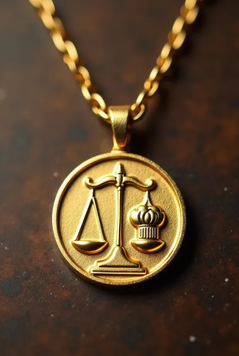 gold pendant,  engraved with a law scale and a chefs hat, both small and next to each other  