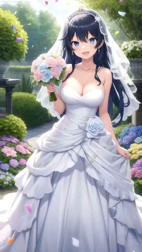 masterpiece, best quality, high quality, girl, solo, looking at viewer, touya_mochizuki, black hair, blue hair, large breasts, wedding Dress, standing, garden, confetti, holding bouquet, smile, open mouth,