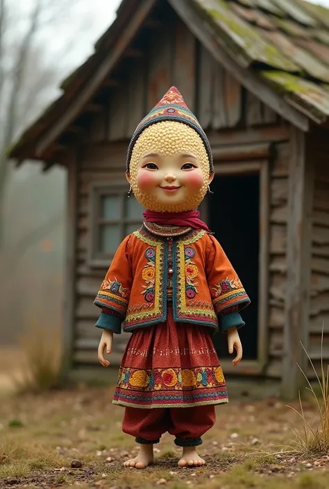 Draw a sesame in Slavic clothes against the background of an old wooden house