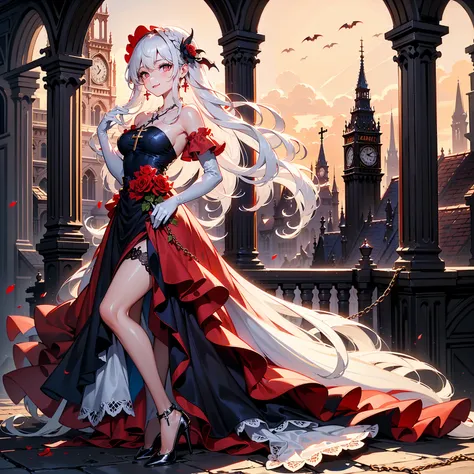 ((({best quality}, {{masterpiece}}, {highres}, original, extremely detailed 8K wallpaper, {an extremely delicate and beautiful},))),dynamic angle ,red moon,(((gothic architecture))),((vampire)),(long hair),(((solo))),(((1 beautiful and young lady))),crown ...