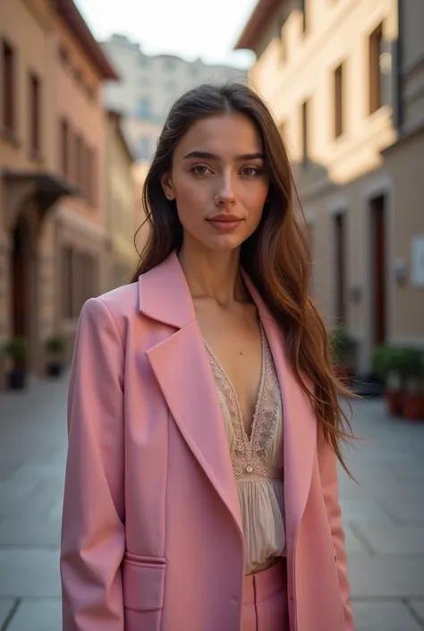 Ultra-realistic 4K HDR photo of a young Turkish woman (classic Turkish features, almond-shaped brown eyes, soft arched eyebrows, a small straight nose, full lips without lipstick) standing in a picturesque street in Üsküdar, with historical buildings in th...