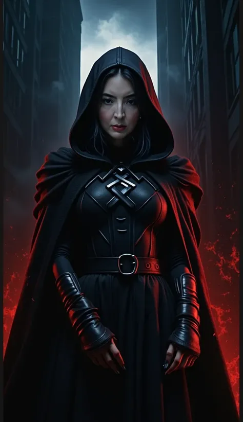 Create a cinematic movie poster featuring Raven from Teen Titans with a dark, nightmarish aesthetic. Raven wears her iconic black cloak and leotard, but the cloak is tattered and infused with red-and-black energy patterns that pulse with dark magic. Her ey...