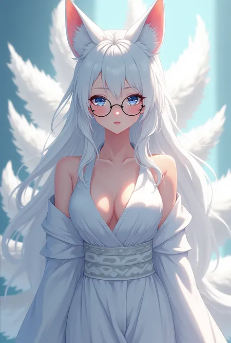 Anime woman with long white hair with blue eyes in a white comino with fox ears and nine white tails and round eyeglasses from curvy breasts