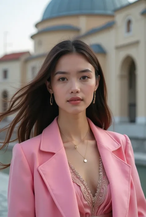 Ultra-realistic 4K HDR photo of a young Turkish woman (classic Turkish features, almond-shaped brown eyes, soft arched eyebrows, a small straight nose, full lips without lipstick) posing in front of an iconic Üsküdar landmark, with her pink coat flowing ge...