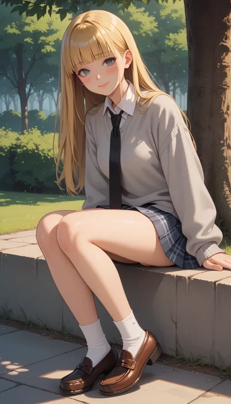 Score_9, score_8_up, score_7_up, score_6_up, source_anime, rating:general, 1girl, golden blonde hair, pale skin, long hair, hime cut, grey eyes, shy smile, blush, lip gloss, white collared shirt, black ribbon tie, grey sweater, plaid pleated skirt, loose s...