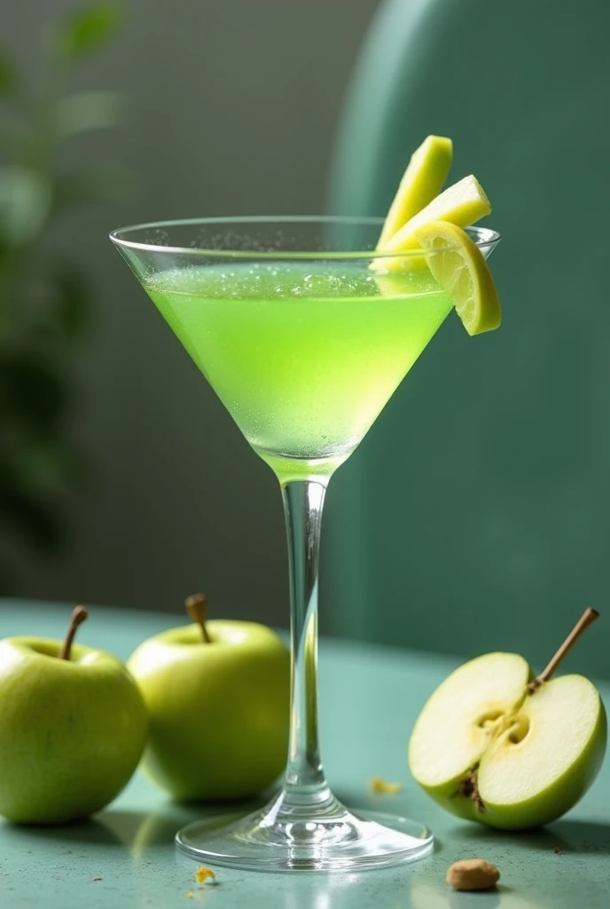 Cocktail in a long green glass with green apple