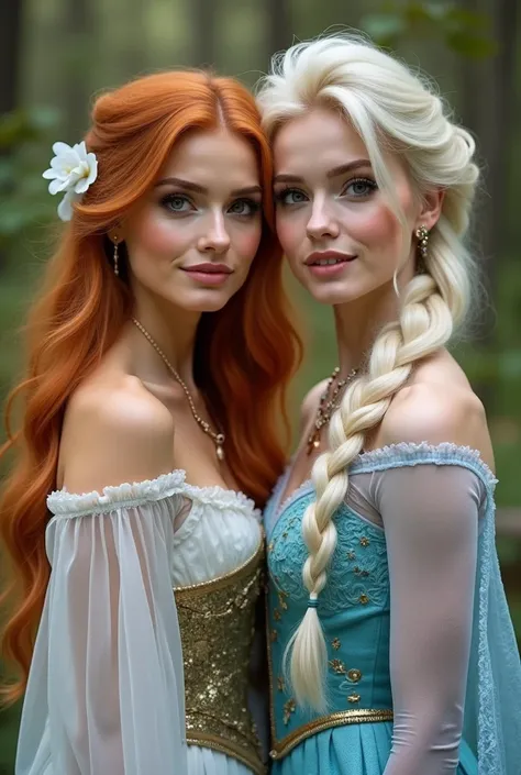 realistic photos,  natural lighting , Two beautiful women who look a lot like Anna and Elsa (age 25 years)), Pose for magazine cover