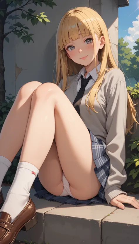 Score_9, score_8_up, score_7_up, score_6_up, source_anime, rating:general, 1girl, golden blonde hair, pale skin, long hair, hime cut, grey eyes, shy smile, blush, lip gloss, white collared shirt, black ribbon tie, grey sweater, plaid pleated skirt, loose s...