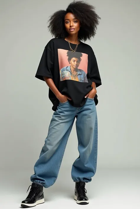 beautiful black girl with a oversized graphic tshirt and baggy jeans and nike jordan shoes