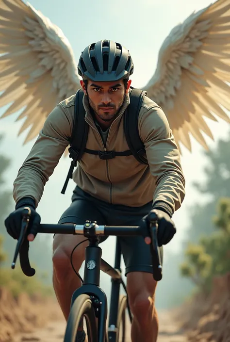 male cyclist wearing helmets and gloves with black hair and with a guardian angel