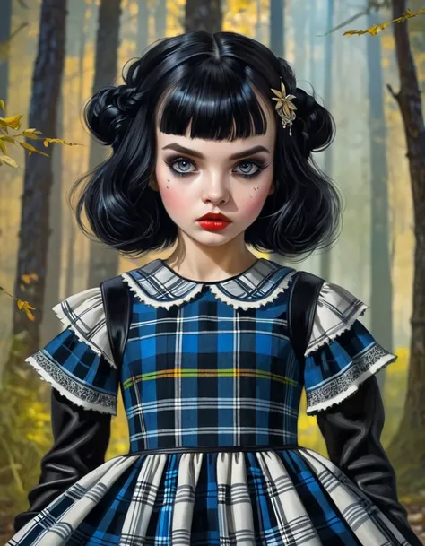 Cute little (Yulia Volkova, Strong Gothic Makeup) with black hair in a plaid dress, Hyper-realistic, insanely detailed, Gaston Bussières style,
  John Wilhelm --ar 4:5 