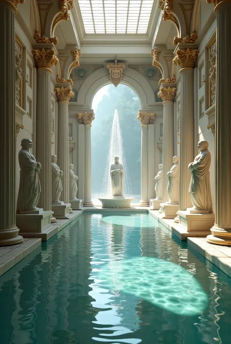  Room with water on the floor, statues, And fountains  