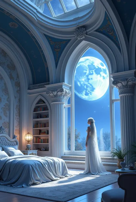 Princess Selene Lunariss large bedroom   :   Located in the Moon Tower    ,   your room is vast and spacious  ,    a reflection of Selenes delicacy and grace    .     Walls adorned with lunar nature murals with delicate silver details,   a large bed covere...